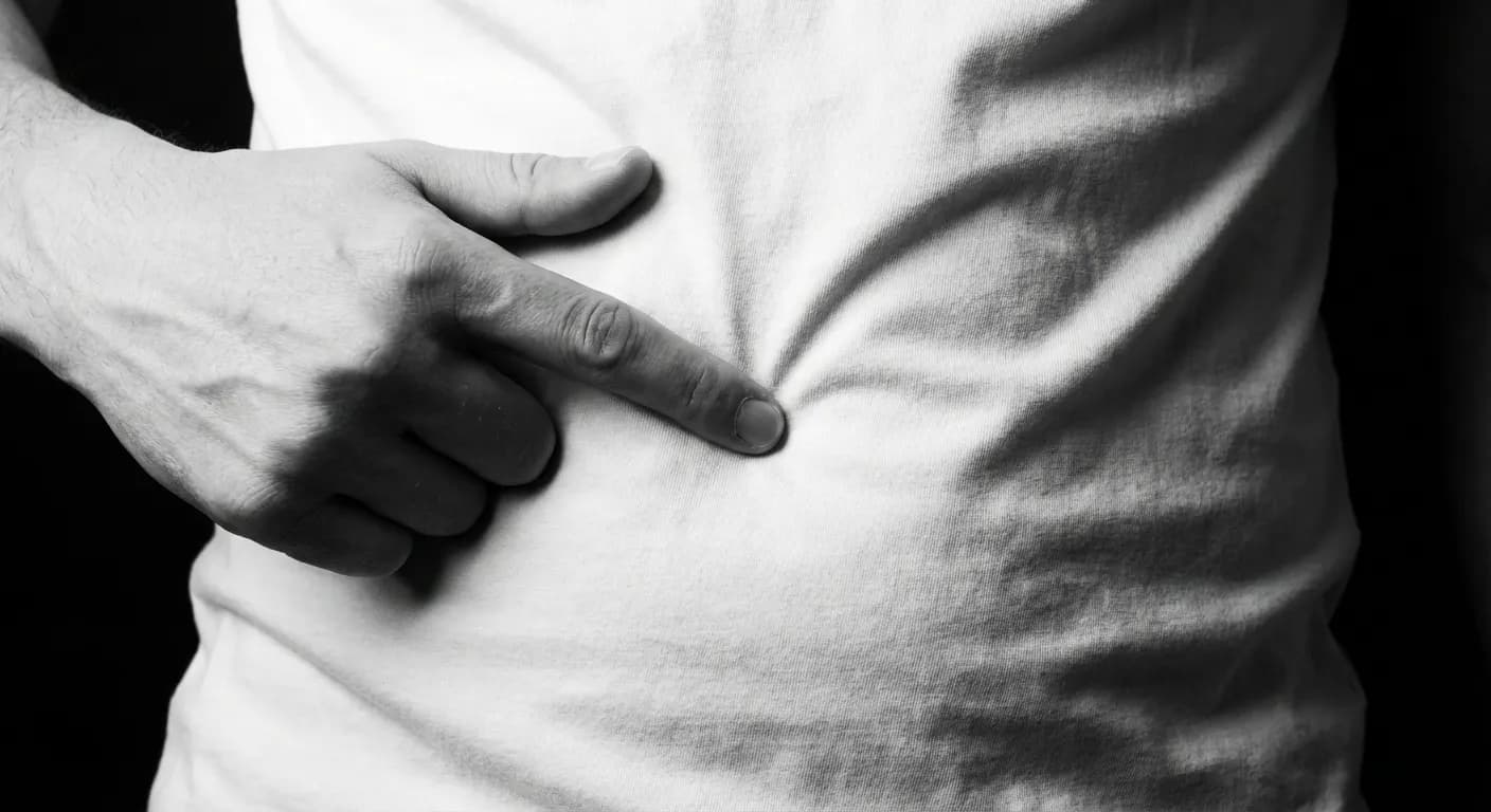 Gros plan d'une main touchant délicatement la zone du nombril.