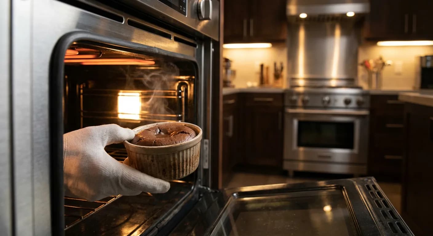 Gâteau au chocolat en cours de cuisson dans un four moderne pour assurer la sécurité alimentaire.