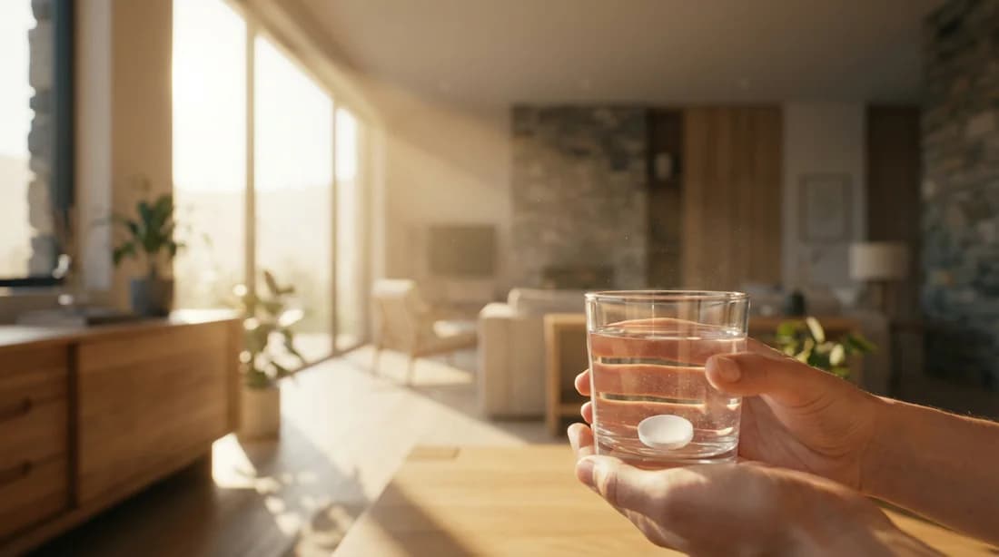 Une main tenant un verre d'eau et un comprimé dans une lumière matinale douce, symbolisant la prise de traitement sereine
