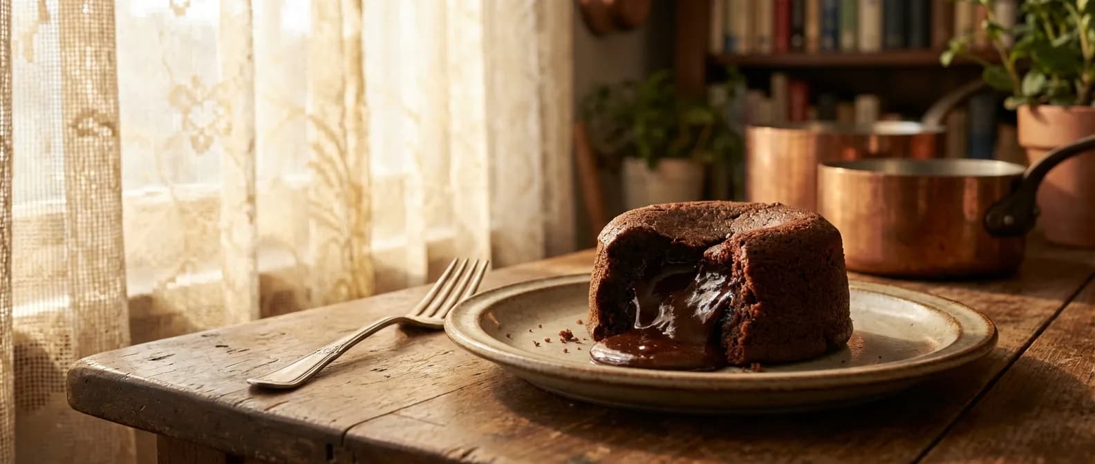 Un fondant au chocolat coulant servi sur une table élégante dans une atmosphère chaleureuse.