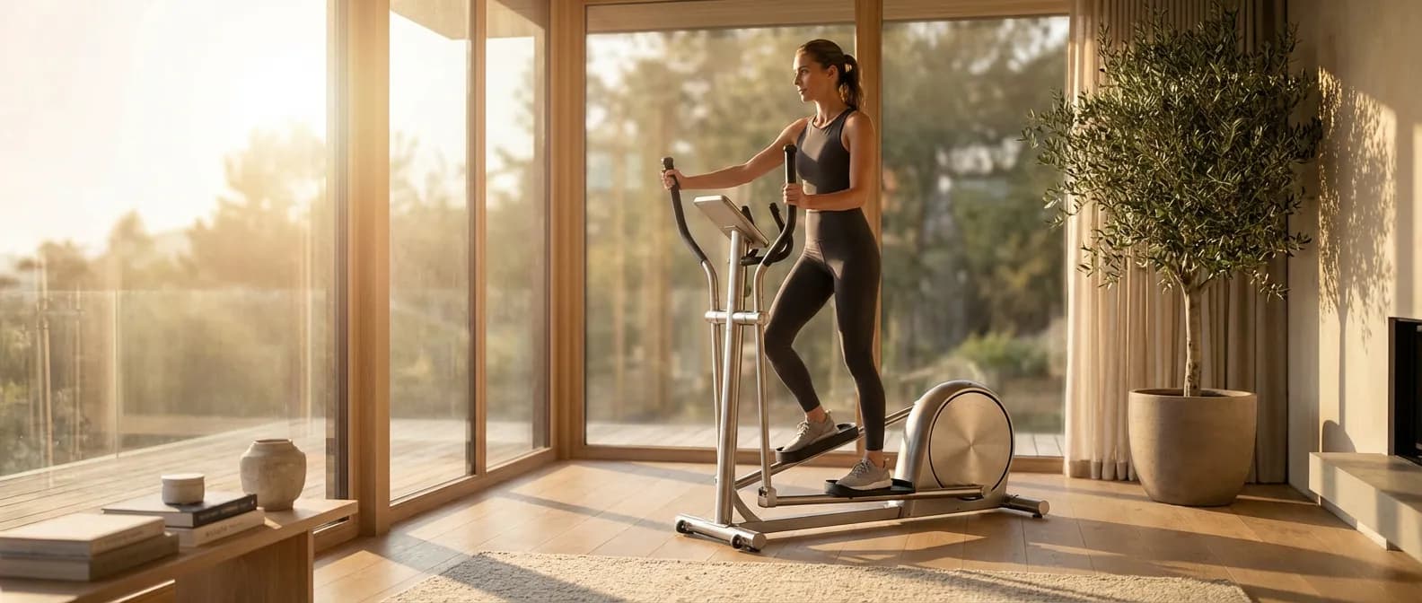 Femme athlétique utilisant un vélo elliptique dans un studio luxueux et lumineux, symbolisant la transformation physique
