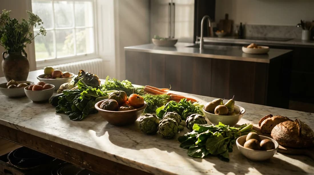 Table de cuisine minimaliste avec des produits frais et biologiques sous une lumière naturelle matinale
