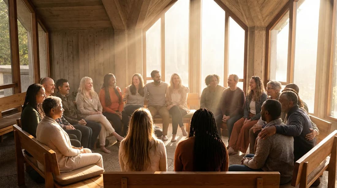 Un groupe de patients discutant dans un espace chaleureux et lumineux, style éditorial.
