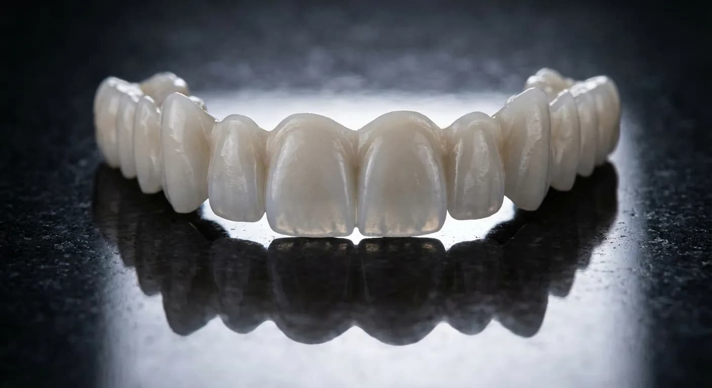 Gros plan d'une prothèse dentaire en céramique sur fond sombre.