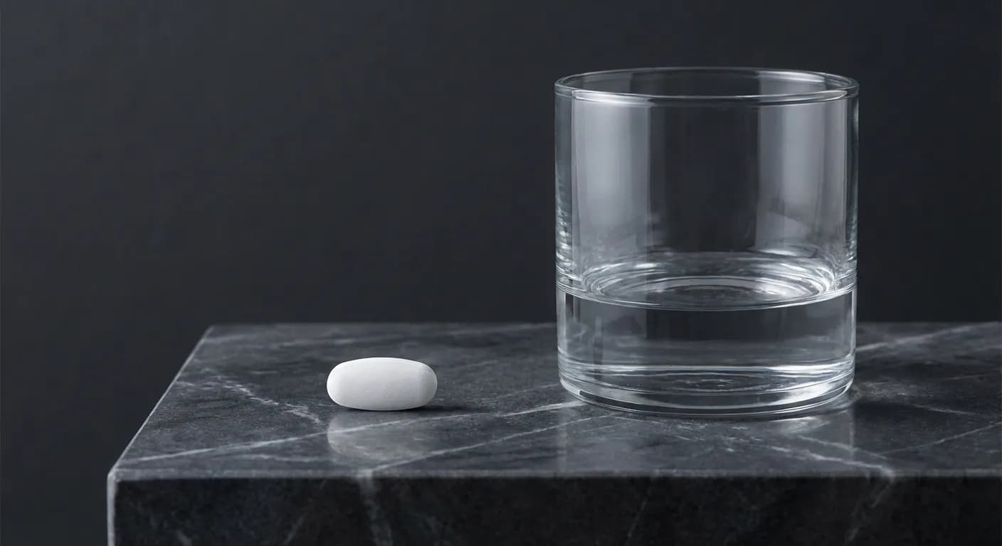 Gros plan minimaliste d'un comprimé et d'un verre d'eau