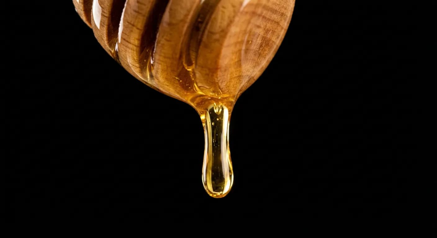 Gros plan sur une goutte de miel doré, substitut au sirop d'agave