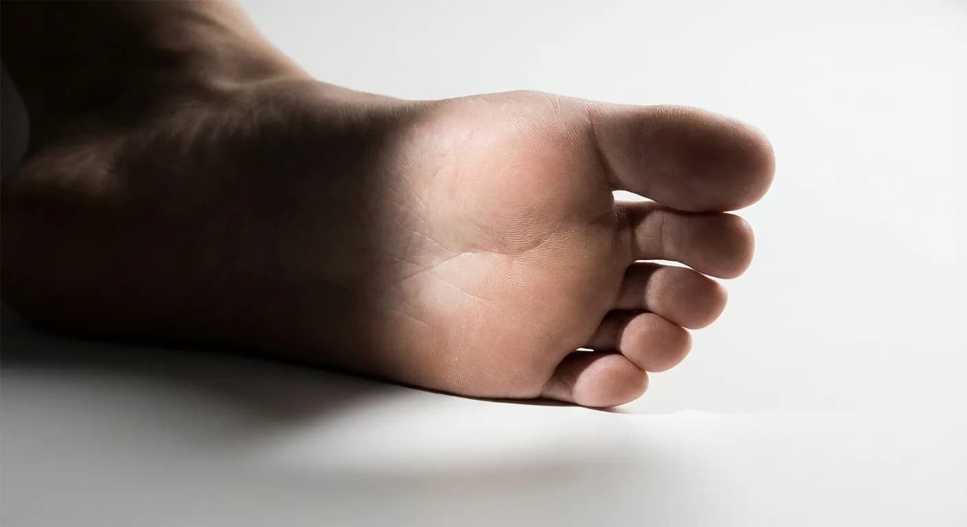 Gros plan minimaliste sur la zone de douleur du névrome de Morton