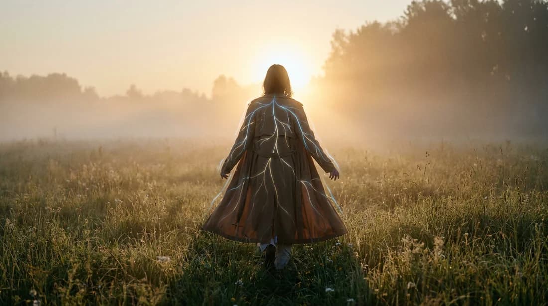 Une personne sereine dans une prairie au lever du soleil avec des effets de lumière symbolisant les signaux corporels