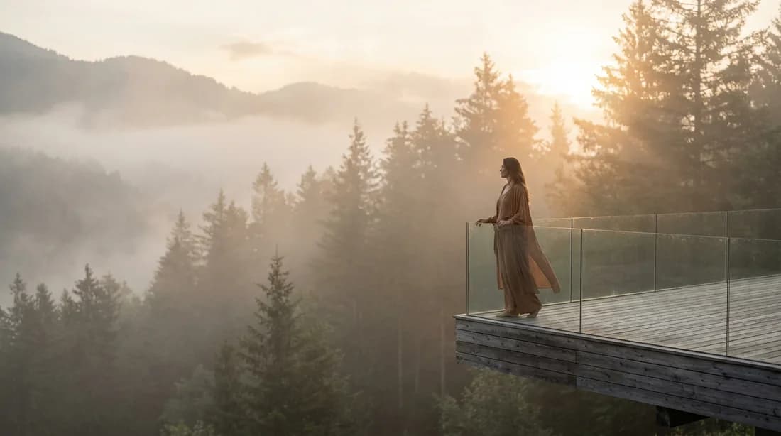 Une femme méditant face à un paysage naturel grandiose au lever du soleil, symbolisant le bien-être