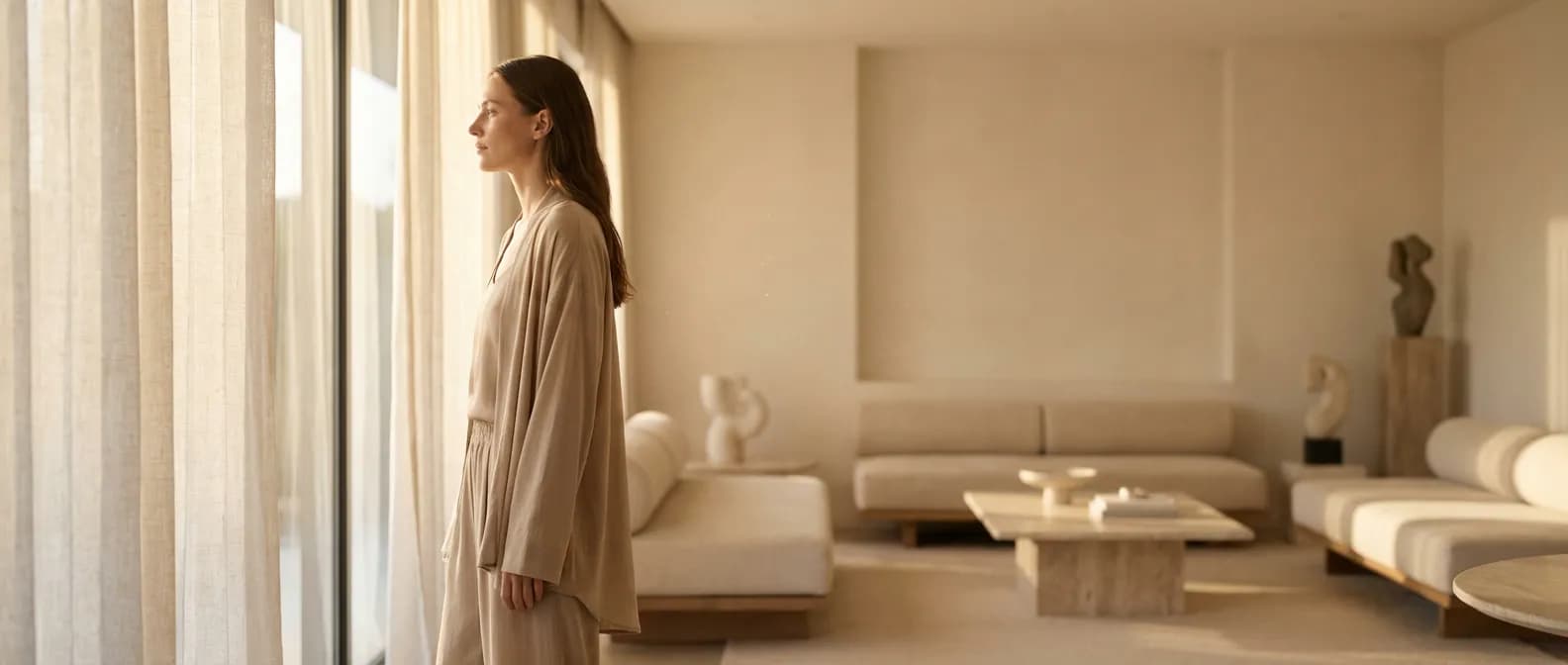 Portrait serein d'une femme dans un intérieur lumineux pour l'article sur la pilule Optimizette