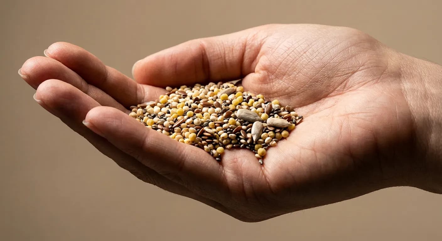 Gros plan iconique de graines variées dans la paume d'une main