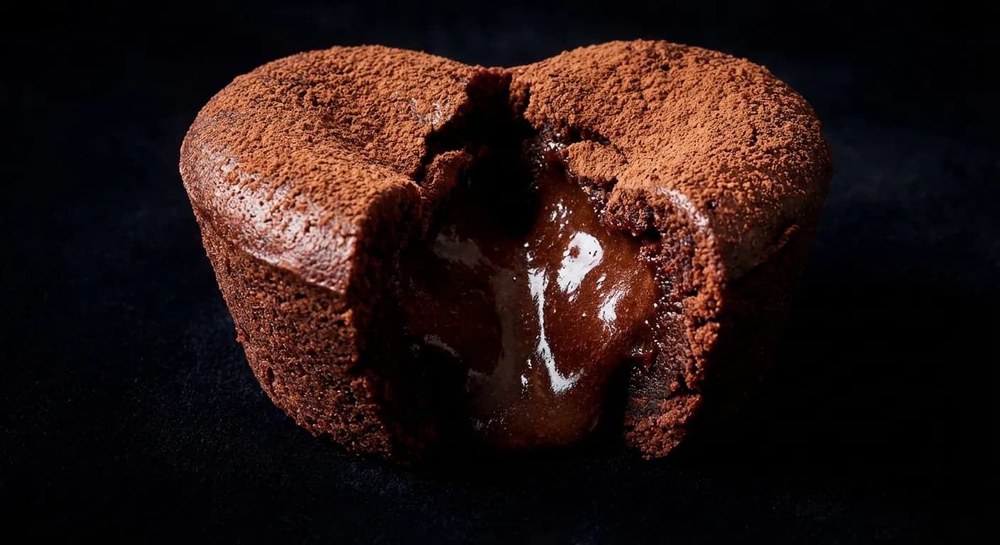 Gros plan minimaliste sur le cœur coulant d'un gâteau au chocolat.