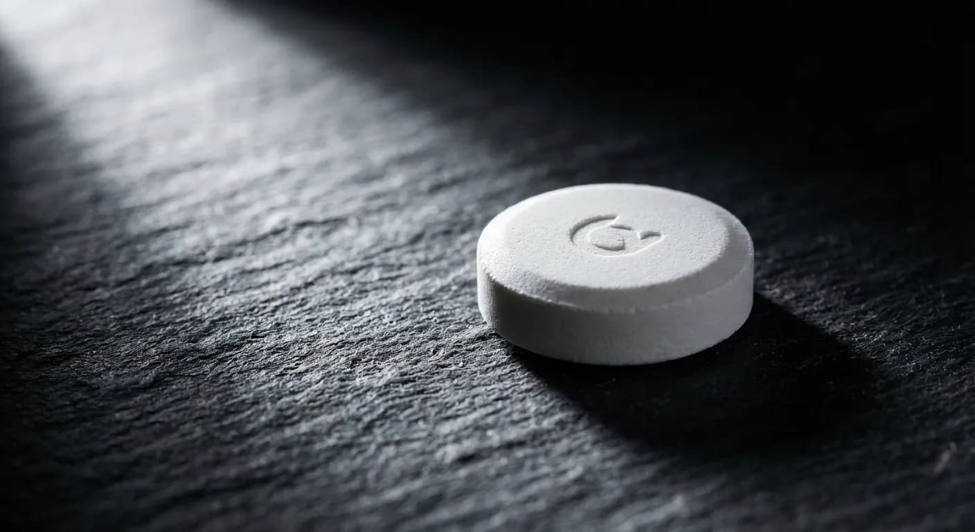 Gros plan d'un comprimé d'Apranax sur fond sombre.