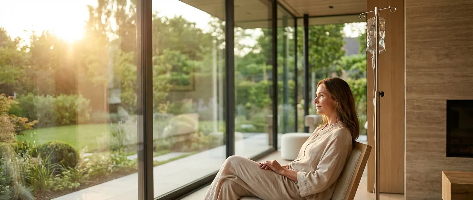 Renouveau et vitalité après une perfusion de fer Une femme retrouvant sa vitalité dans un environnement médical luxueux après une perfusion de fer.