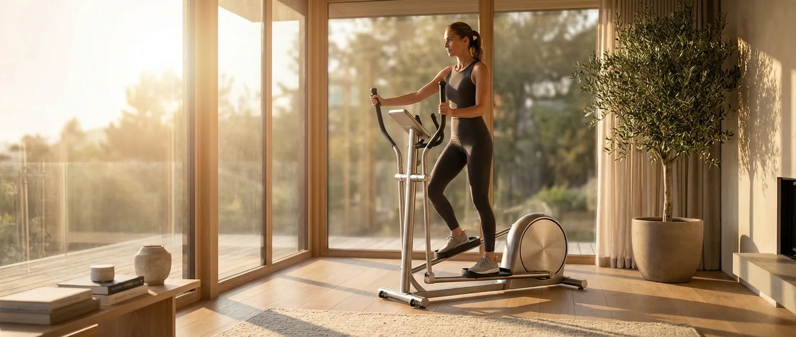 Femme athlétique utilisant un vélo elliptique dans un studio luxueux et lumineux, symbolisant la transformation physique