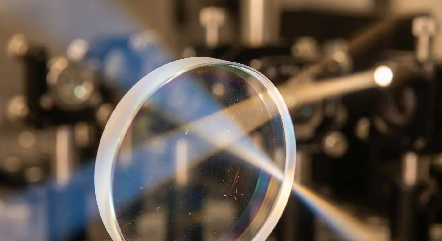 Détail macro de la précision d'un verre optique traité avec reflets cinématiques.