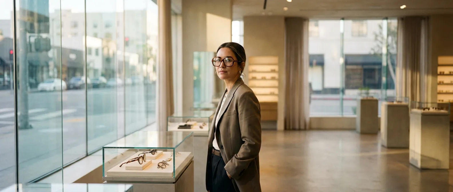 Portrait éditorial d'une personne portant des lunettes tendance dans une boutique d'optique moderne et lumineuse.