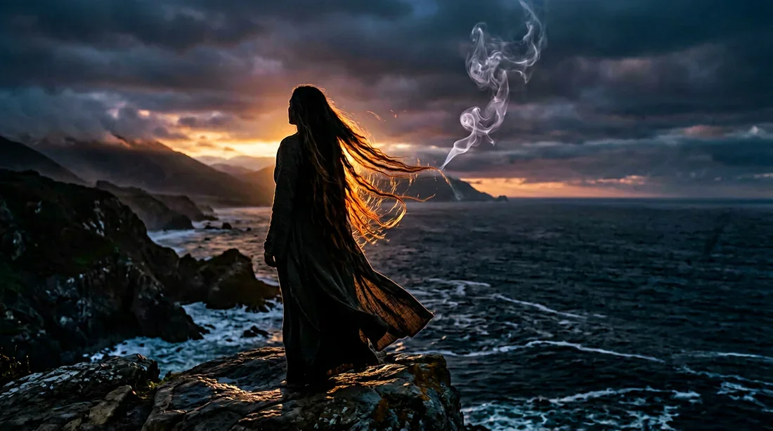 Une femme aux longs cheveux avec une fumée éthérée, symbolisant la transformation spirituelle.