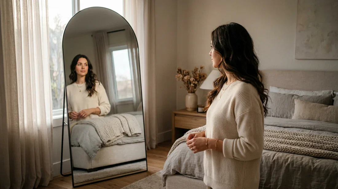 Une jeune maman dans une chambre lumineuse, atmosphère douce et élégante pour illustrer les changements capillaires après la naissance.