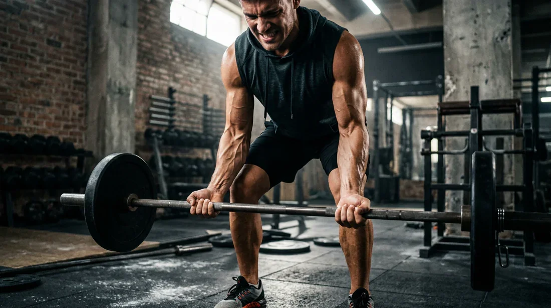 Un athlète musclé effectuant un exercice de musculation intense en salle de sport, accent sur les avant-bras