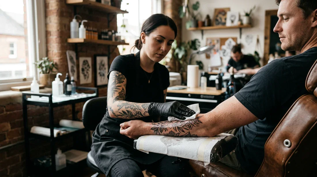 Gros plan professionnel sur le nettoyage de la peau après une séance de tatouage
