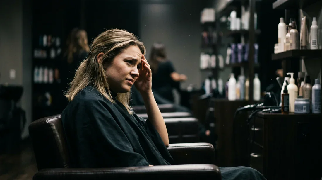 Le mystère de la couleur qui pique le cuir chevelu Une femme dans un salon de coiffure ressentant une gêne au cuir chevelu