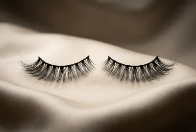 Gros plan minimaliste sur une paire de faux cils sur fond de soie, style iconique