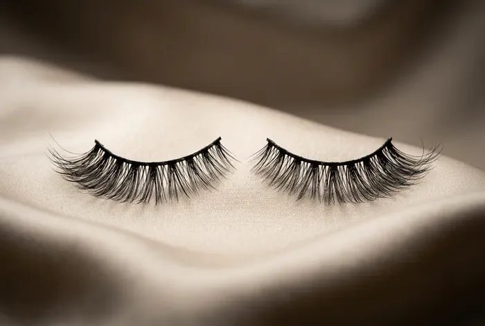 Gros plan minimaliste sur une paire de faux cils sur fond de soie, style iconique
