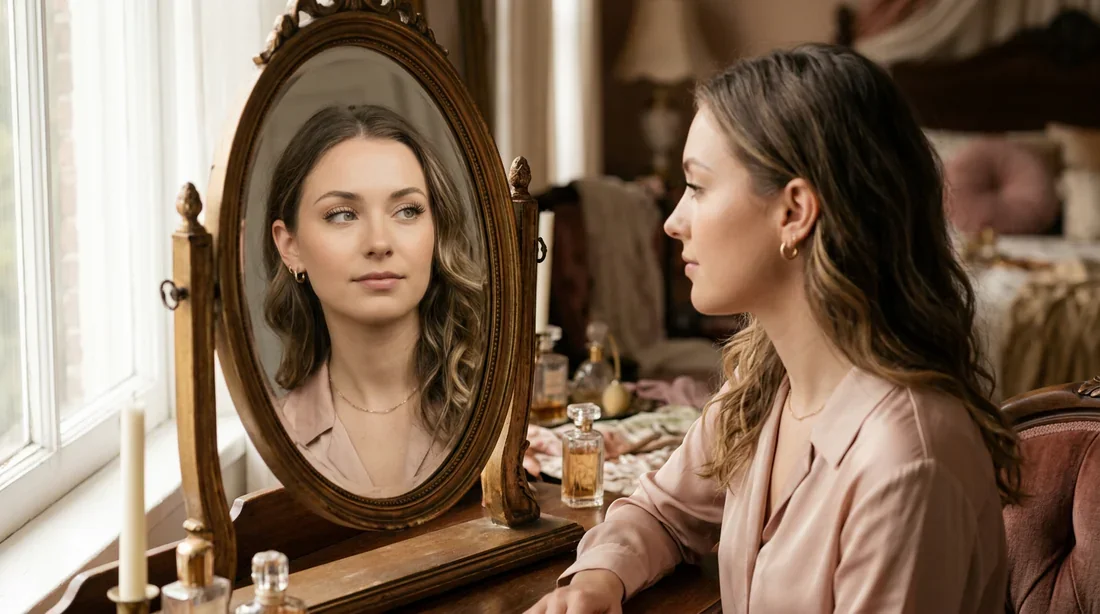 Une femme sereine regardant dans un miroir, mettant en valeur ses faux cils naturels, style éditorial haute couture
