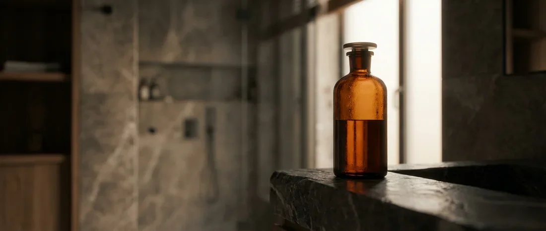 Bouteille de lubrifiant élégante posée sur du marbre dans une ambiance tamisée