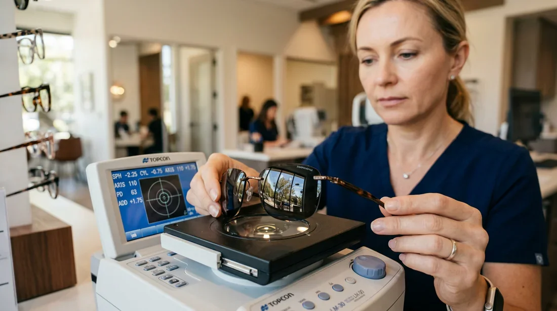 Un opticien vérifiant des lunettes de soleil correctrices en magasin
