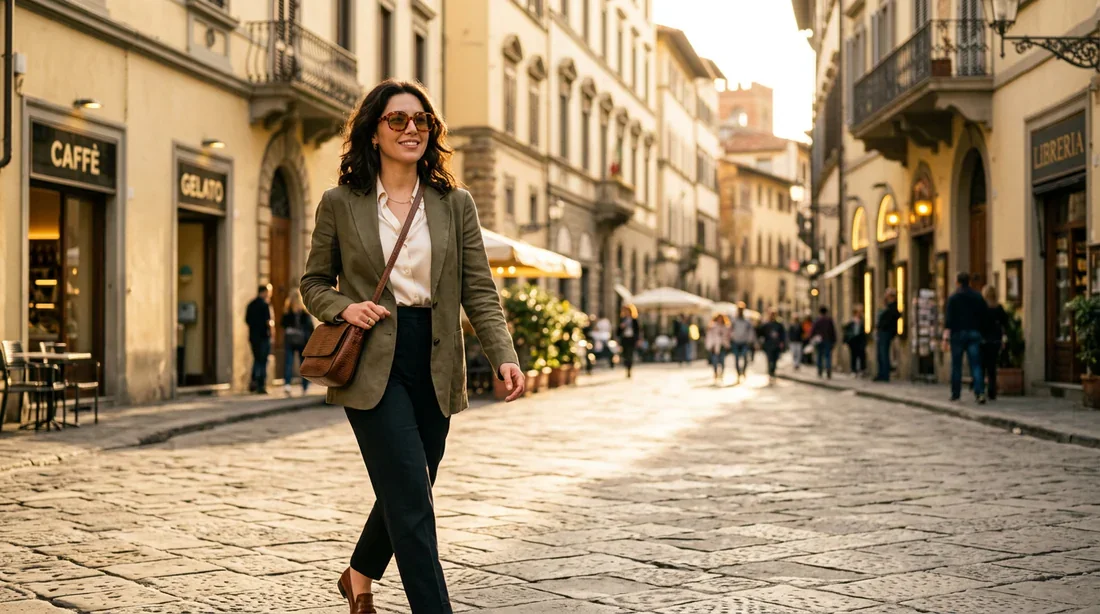 Une personne élégante portant des lunettes de soleil à la vue dans une rue ensoleillée