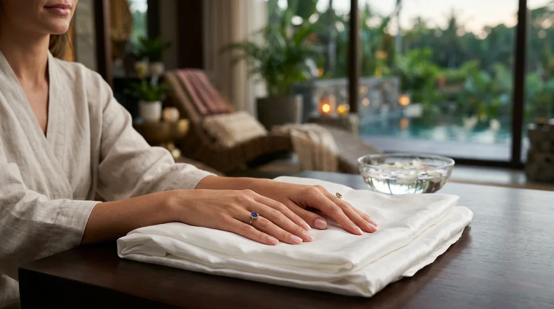 Bannière éditoriale montrant une manucure soignée dans un environnement de spa luxueux