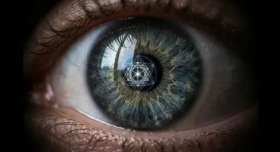 Gros plan sur un iris et un reflet de pattern lumineux pour la méthode Quertant.