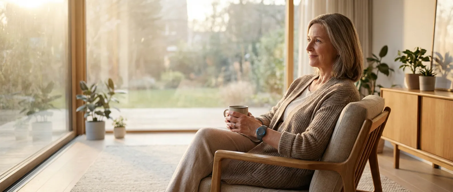 Femme sereine portant le bracelet Remedee Labs pour soulager sa douleur chronique dans un intérieur moderne