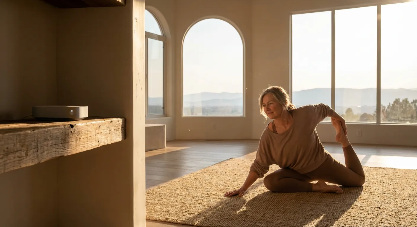 Femme sereine pratiquant le yoga, illustrant la liberté offerte par le suivi cardiaque à distance.