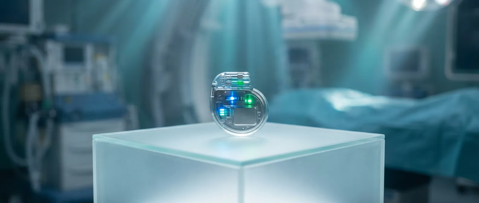 Vue cinématographique d'un moniteur cardiaque insérable Reveal haute technologie dans un cadre médical moderne.