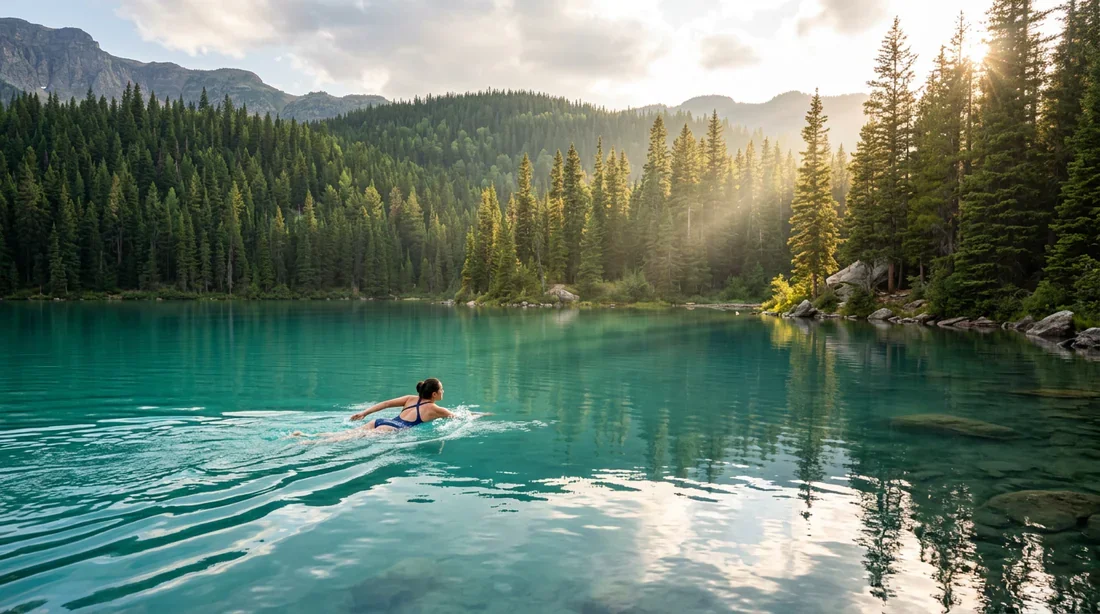 Bienfaits santé d'une baignade en eau tempérée Personne nageant sereinement dans un lac pour souligner les bienfaits santé de la baignade