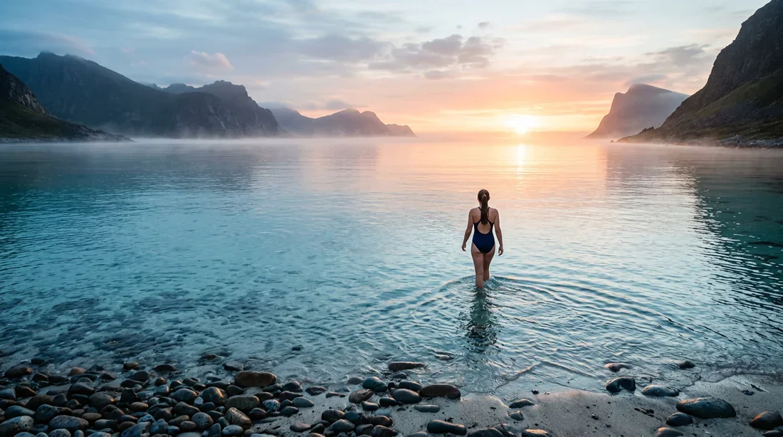 Baignade matinale dans une eau vivifiante Une personne entrant dans une eau cristalline au lever du soleil pour illustrer la baignade à 21 degrés