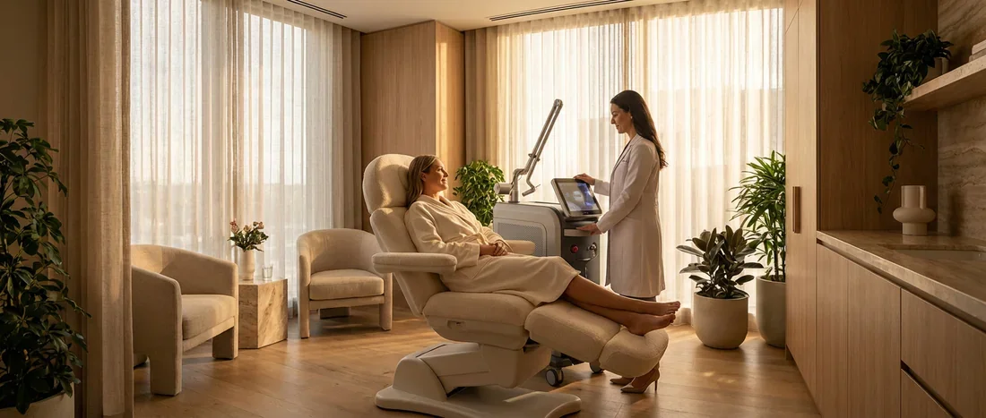 Séance de laser médical dans une clinique dermatologique moderne pour traiter l'hirsutisme lié au SOPK