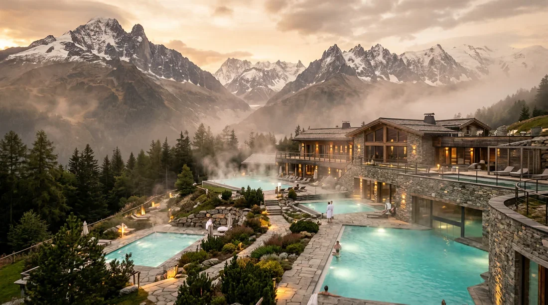 Une cure thermale sous le signe du bien-être et de l'apaisement Vue panoramique d'un complexe thermal de luxe dans les Alpes au crépuscule