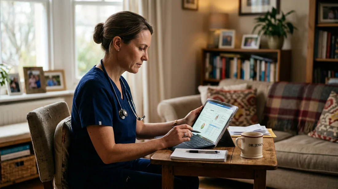 La consultation médicale à domicile Un médecin examinant un dossier médical sur tablette