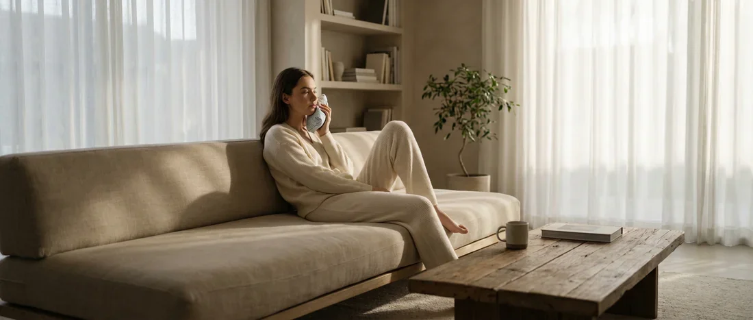 Convalescence et repos après opération des dents de sagesse Femme se reposant confortablement chez elle après une extraction de dents de sagesse avec une poche de glace.