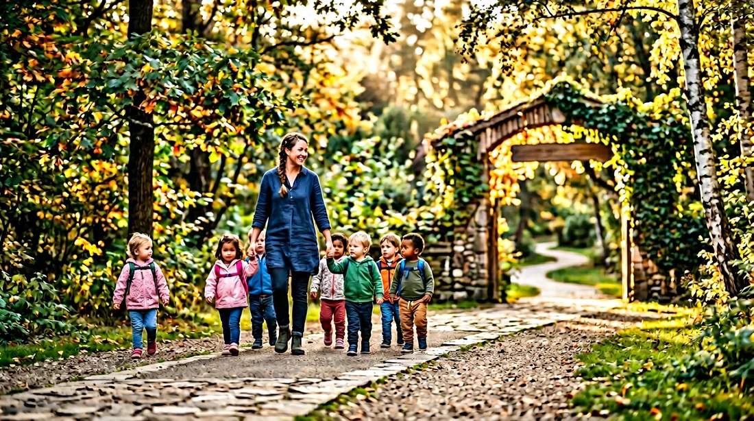 Une assistante maternelle accompagnée d'enfants marchant vers l'entrée d'un parc ensoleillé