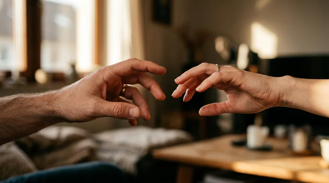 Le mécanisme du rejet : quand la maladie fragilise le lien Gros plan sur deux mains qui s'éloignent, symbolisant la rupture de connexion dans le couple