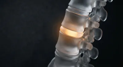 Gros plan iconique d'une colonne vertébrale avec zone de douleur lombaire