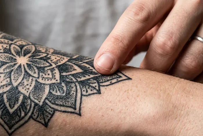 Détail macro d'une peau tatouée soulignant une zone d'irritation