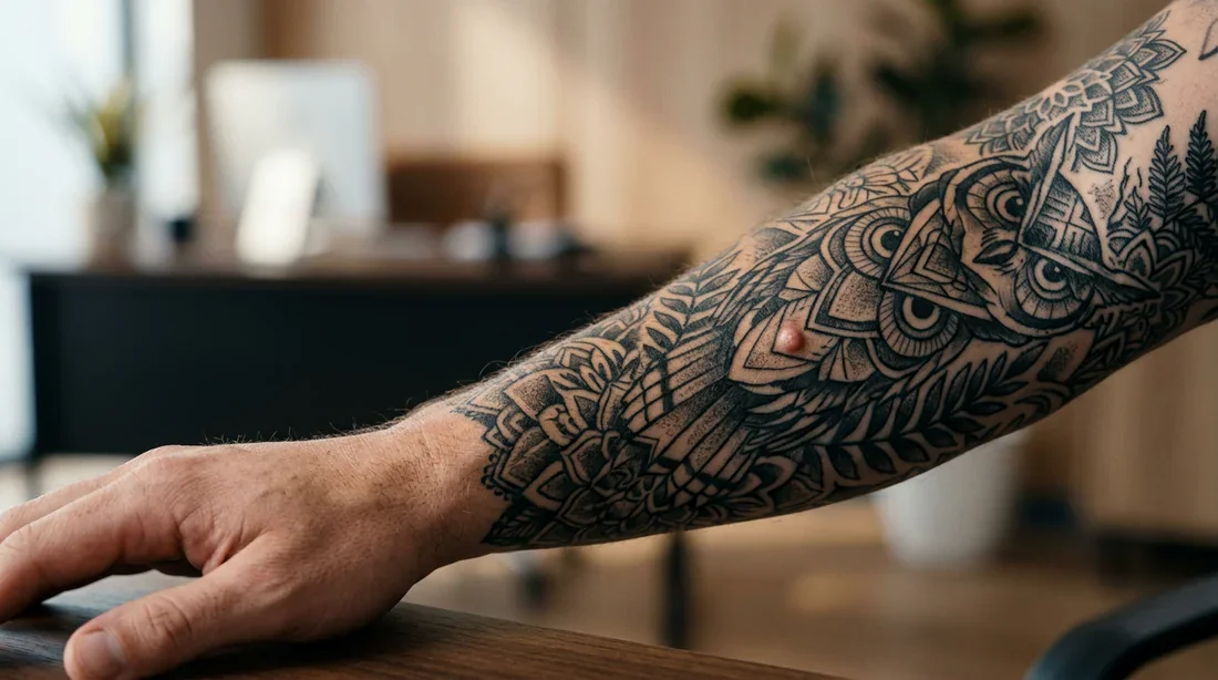 Gros plan artistique sur un tatouage détaillé avec une légère imperfection cutanée