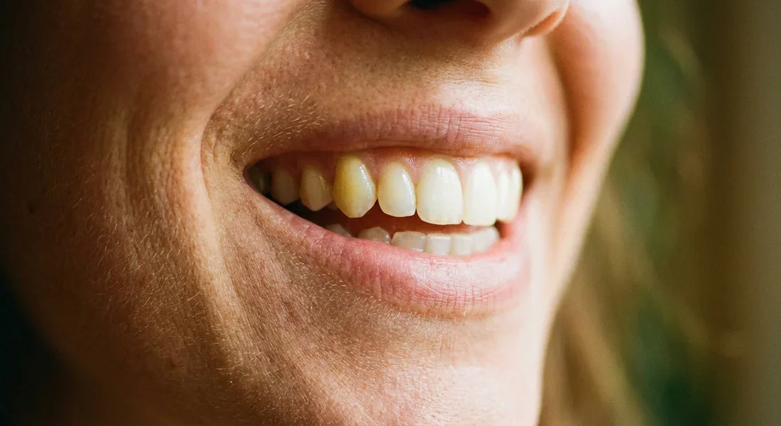 Gros plan artistique sur un sourire naturel mettant en évidence la teinte légèrement plus jaune de la canine par rapport aux autres dents.