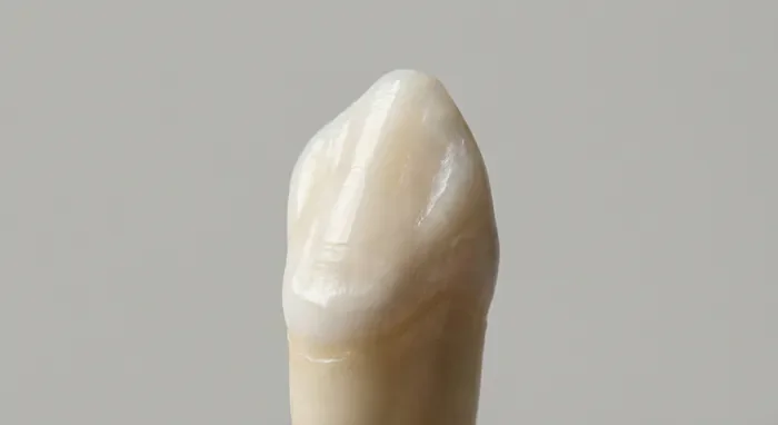 Vue macro minimaliste et détaillée d'une canine montrant sa texture et sa teinte naturelle d'ivoire.